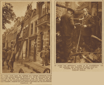 871300 Collage van 2 foto's betreffende de uitslaande brand in het pand Bemuurde Weerd O.Z. 21 (Kapsalon Udo) te Utrecht.